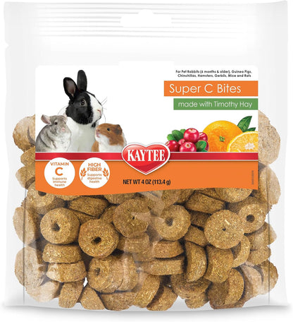 Kaytee Super C Bites package front view showing cranberry and orange flavor treats for small animals.