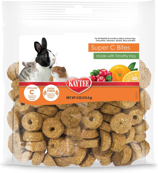 Kaytee Super C Bites package front view showing cranberry and orange flavor treats for small animals.