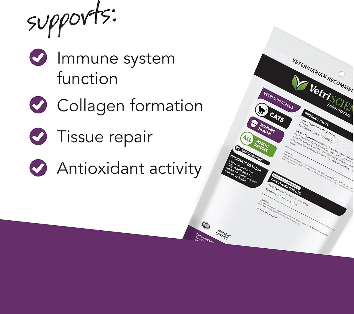 Back view of VetriScience Lysine chews container displaying ingredients and usage
