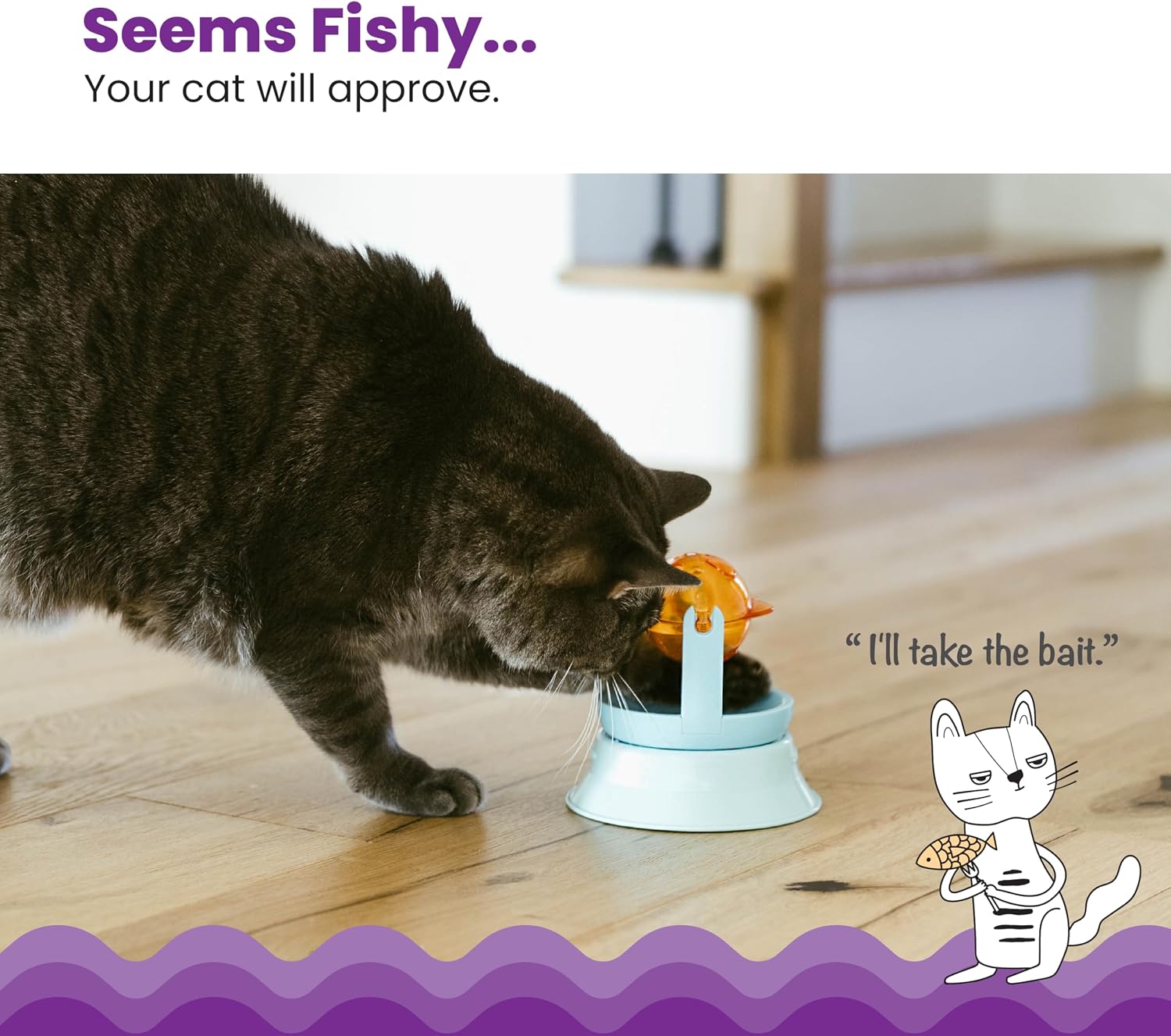 Catstages interactive cat puzzle toy being used as a slow feeder for indoor cat enrichment.
