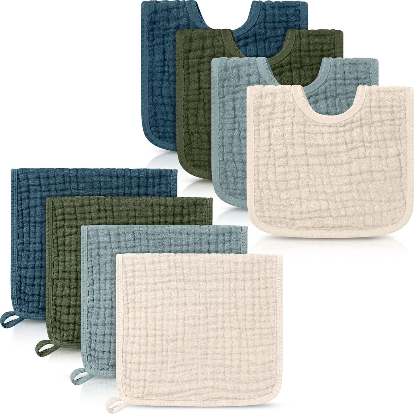 Tallew 8 pack muslin burp cloths and baby bibs front view