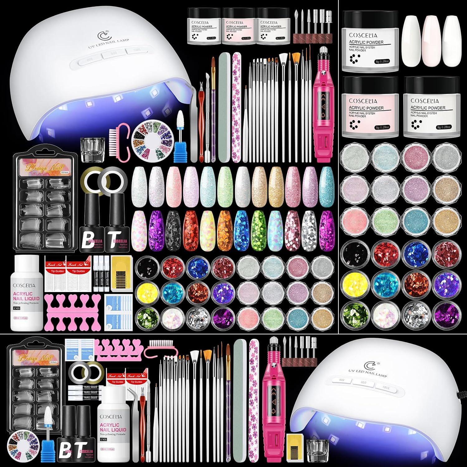 Coscelia 58 piece acrylic nail kit front view with tools