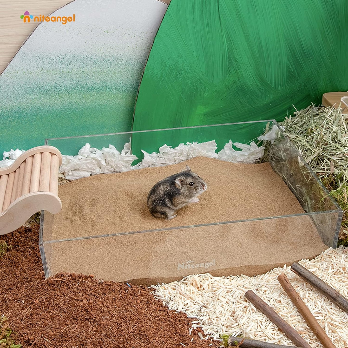 Niteangel dust-free sand pouring into a small pet container