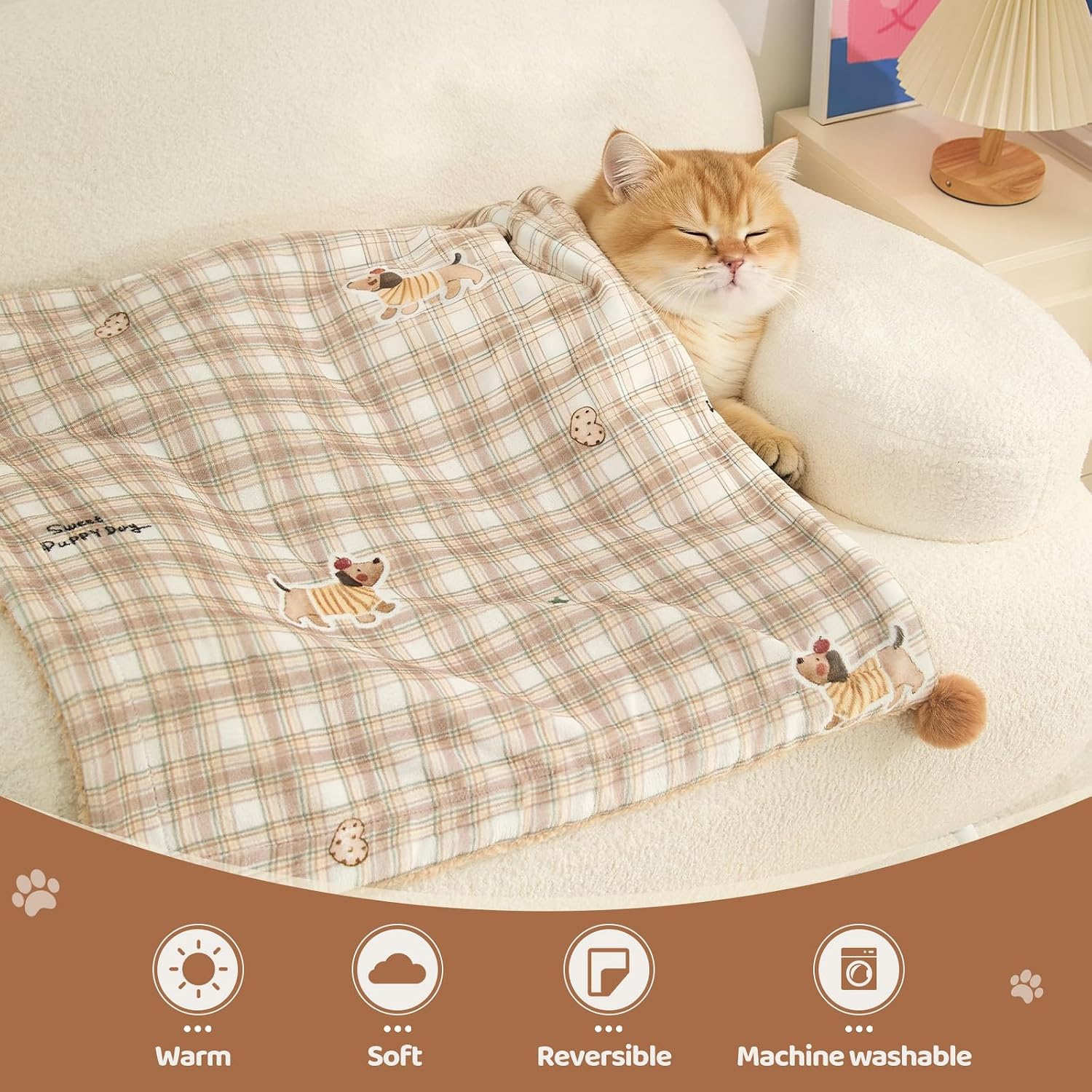 Jiupety plush cat blanket spread across a clean white bed