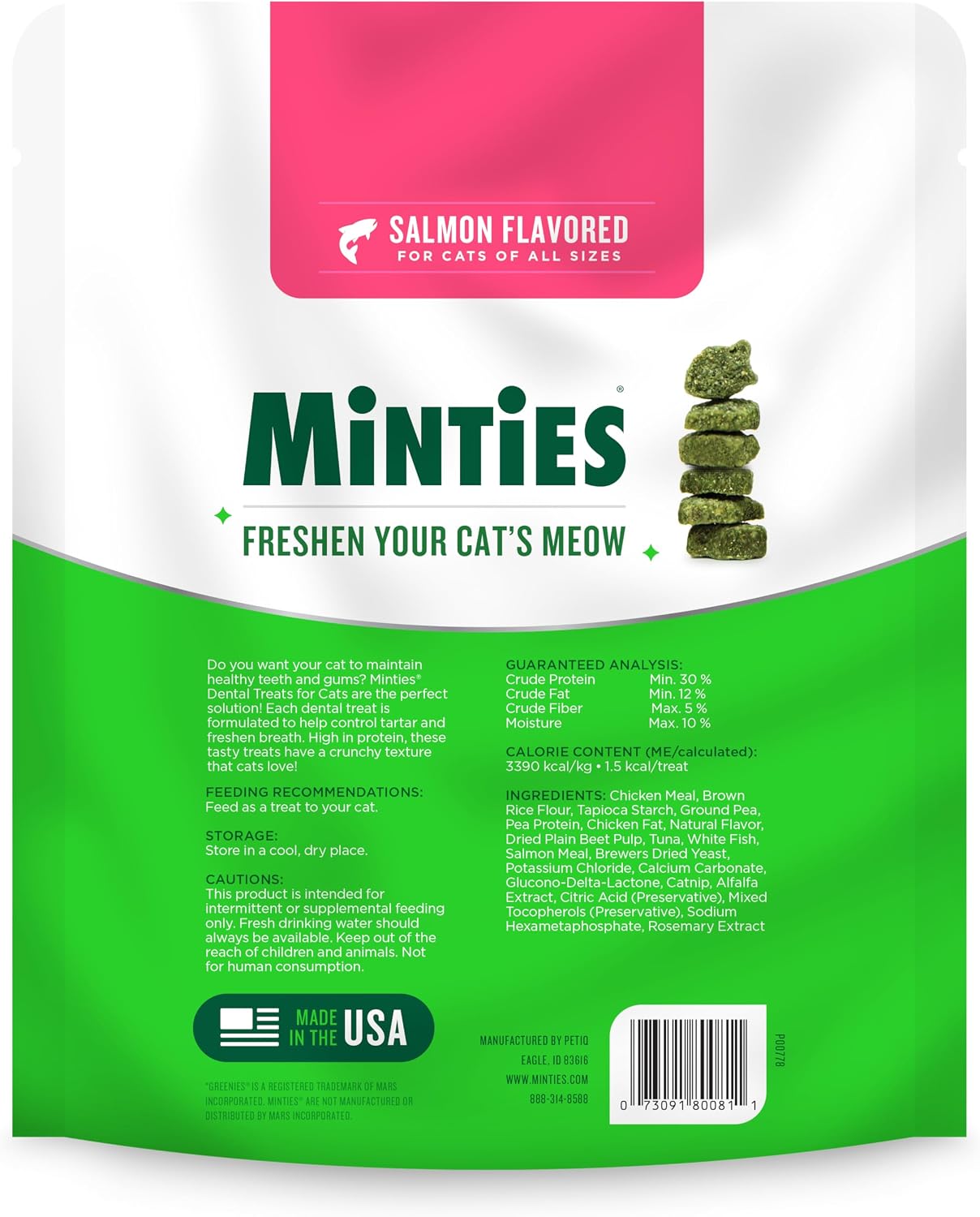 Minties authentic imported premium feline dental treats packaging details