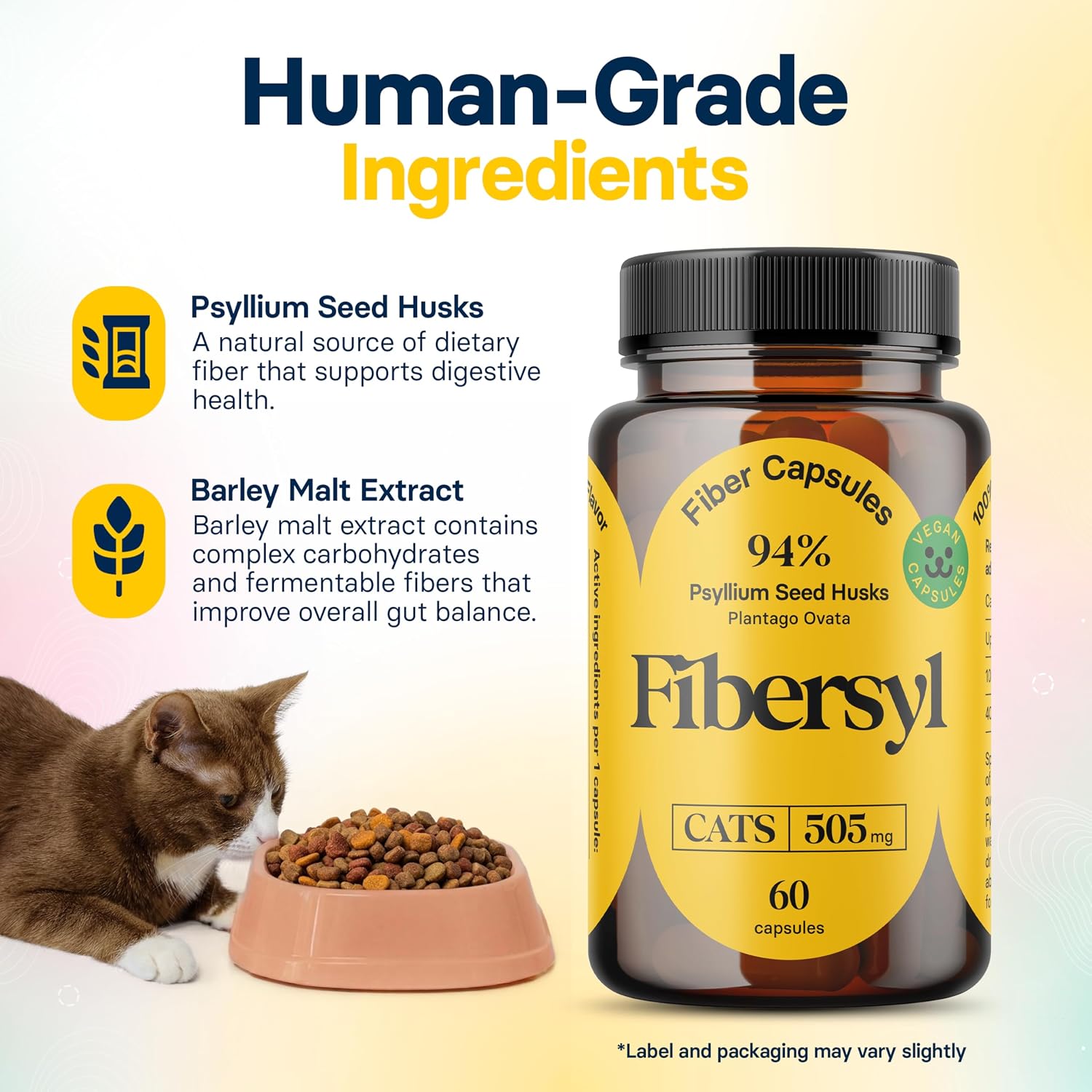 Open vegan capsule of Medsmehappy FiberSyl prebiotic powder being sprinkled onto wet cat food for administration.