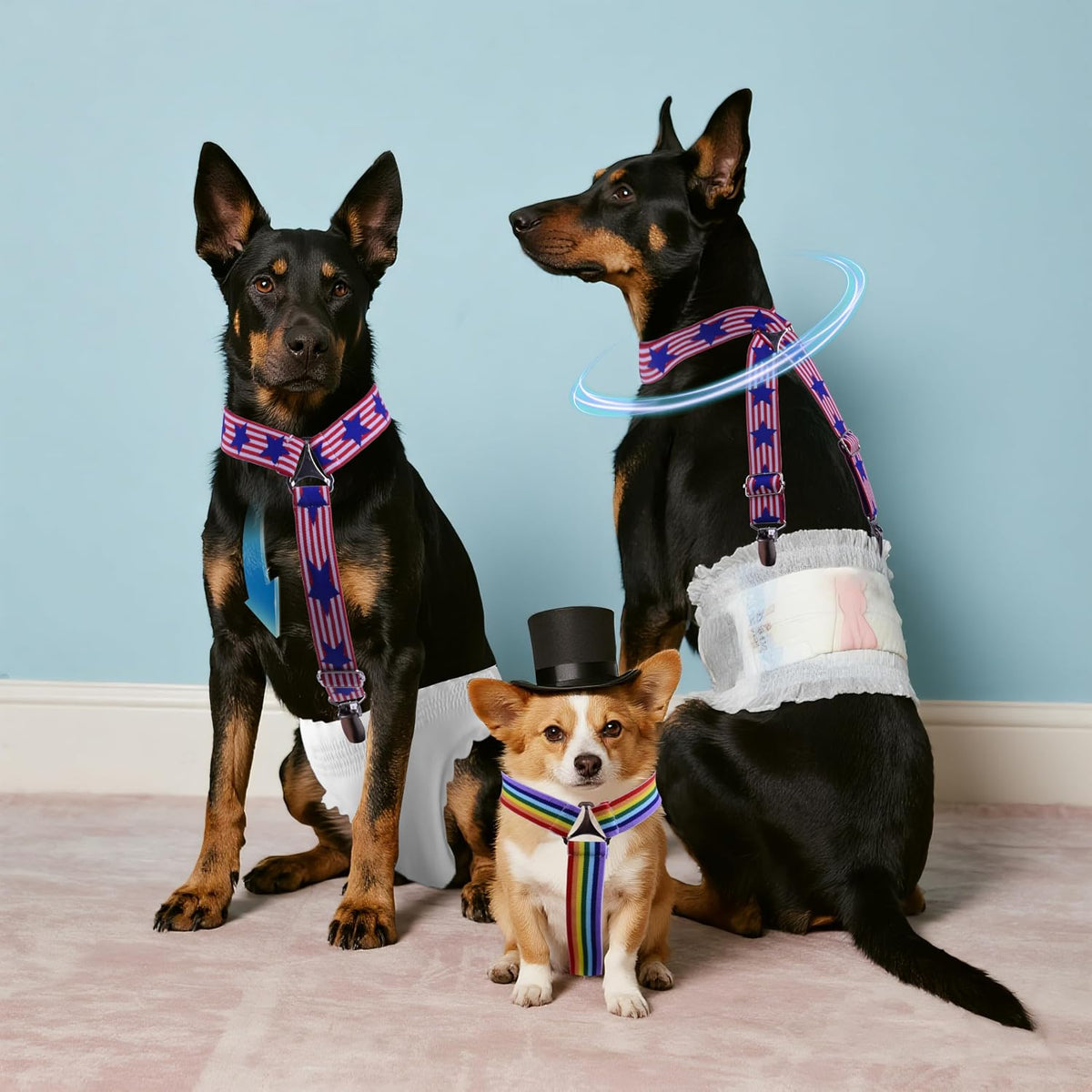 Lamiaraga adjustable pet diaper harness clips close up detailing durable metal construction.