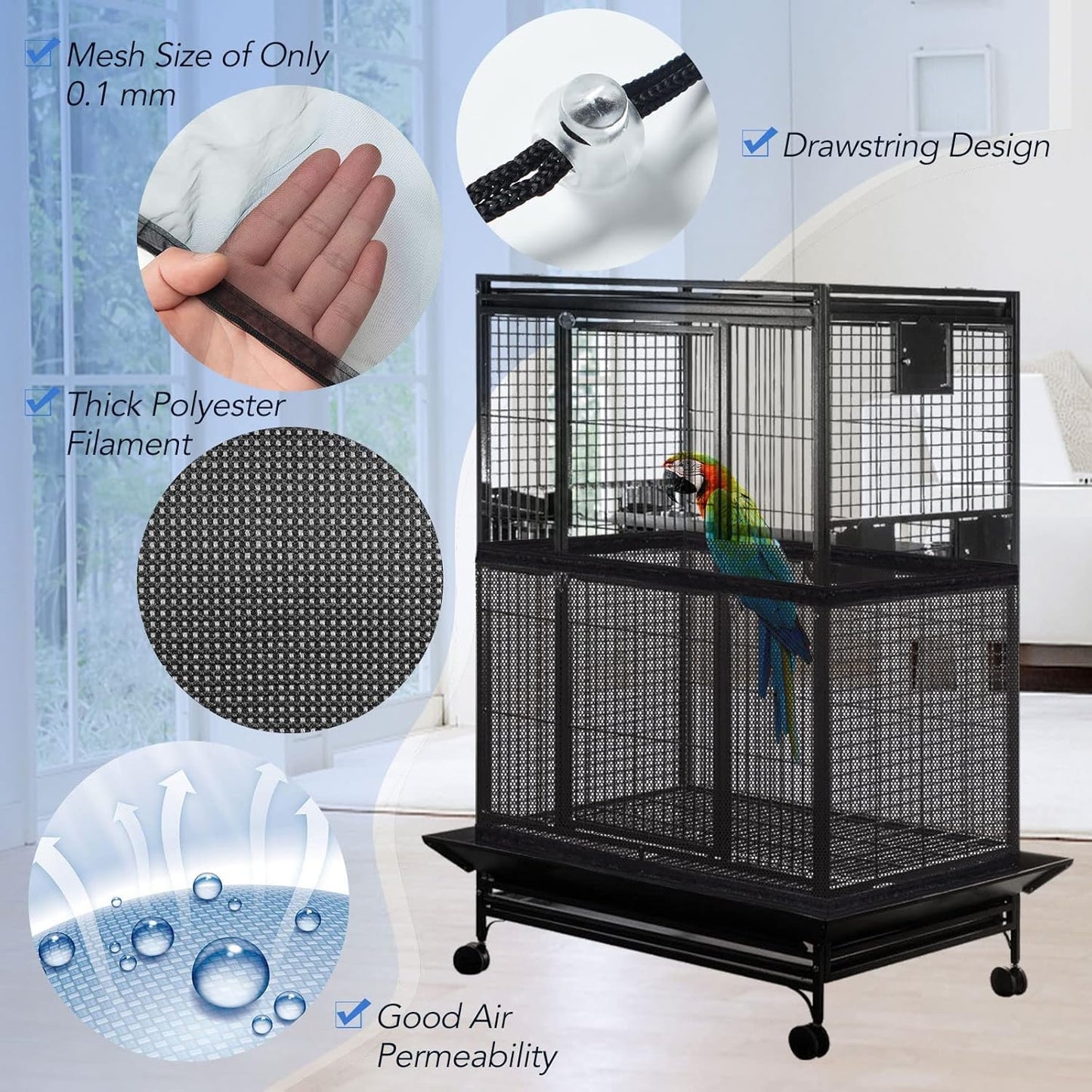Machine washable nylon bird cage skirt guard laid flat showing its durable stitched edges.