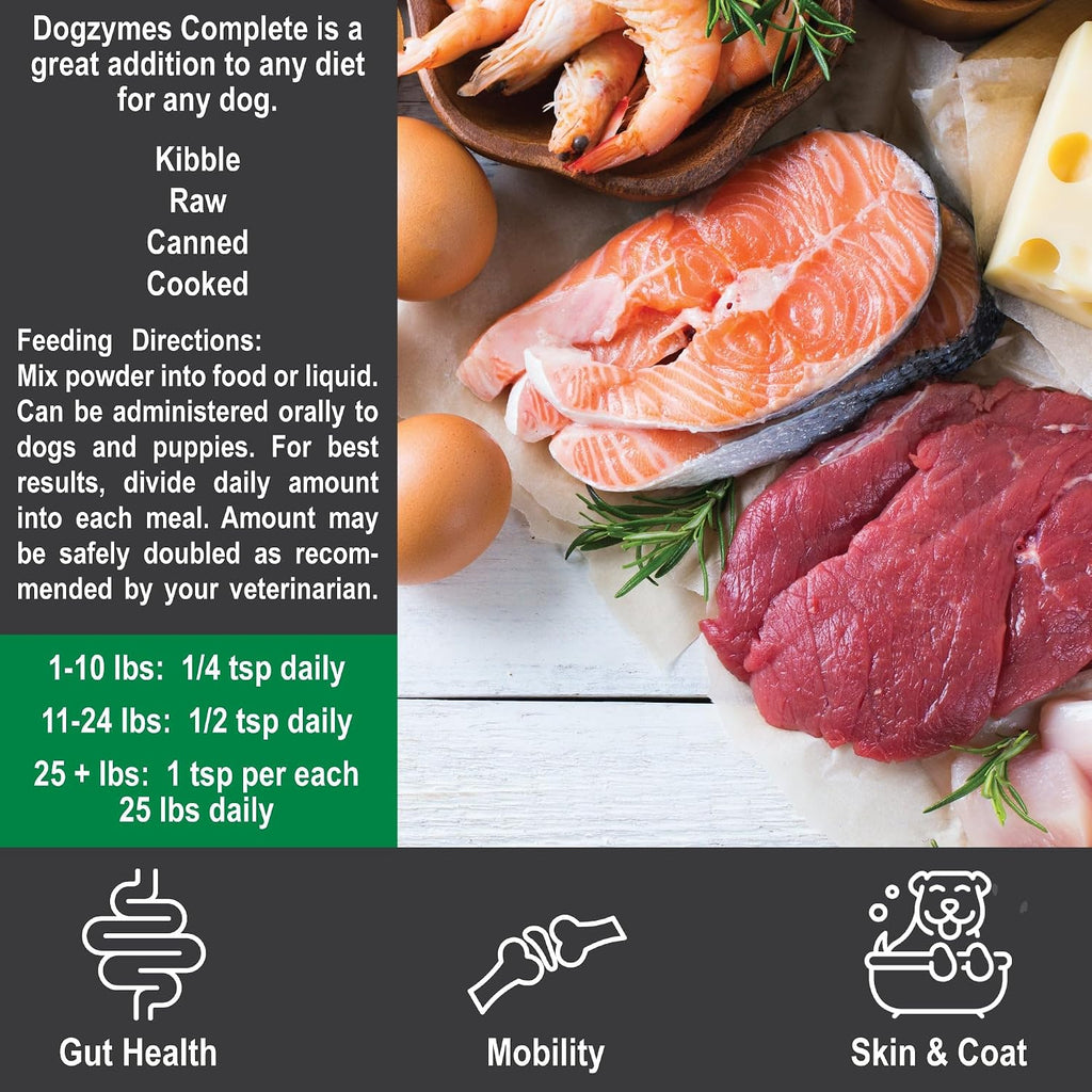 Dogzymes Complete ingredients list showing probiotics and glucosamine