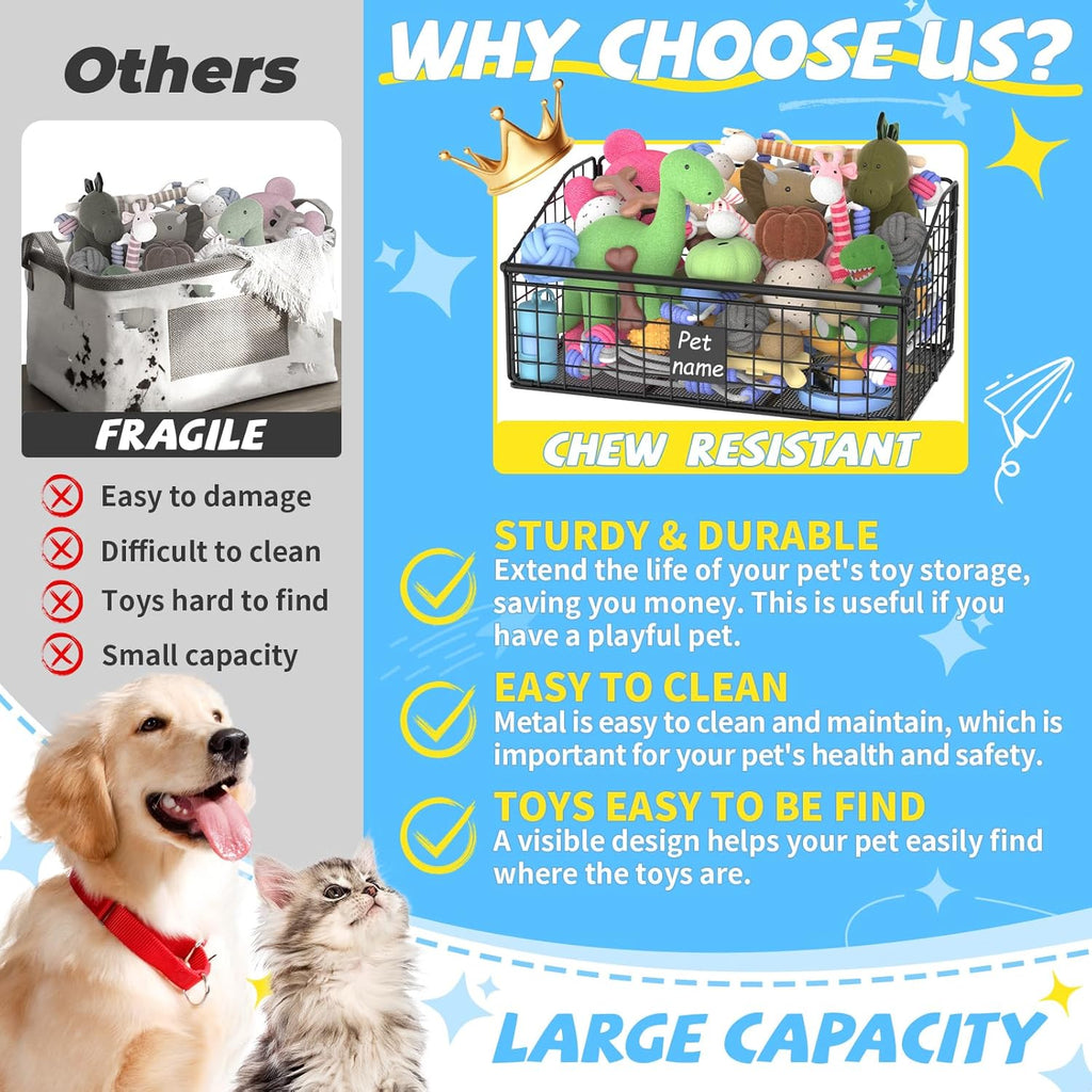 Kaiferty metal pet toy bin with plush toys inside