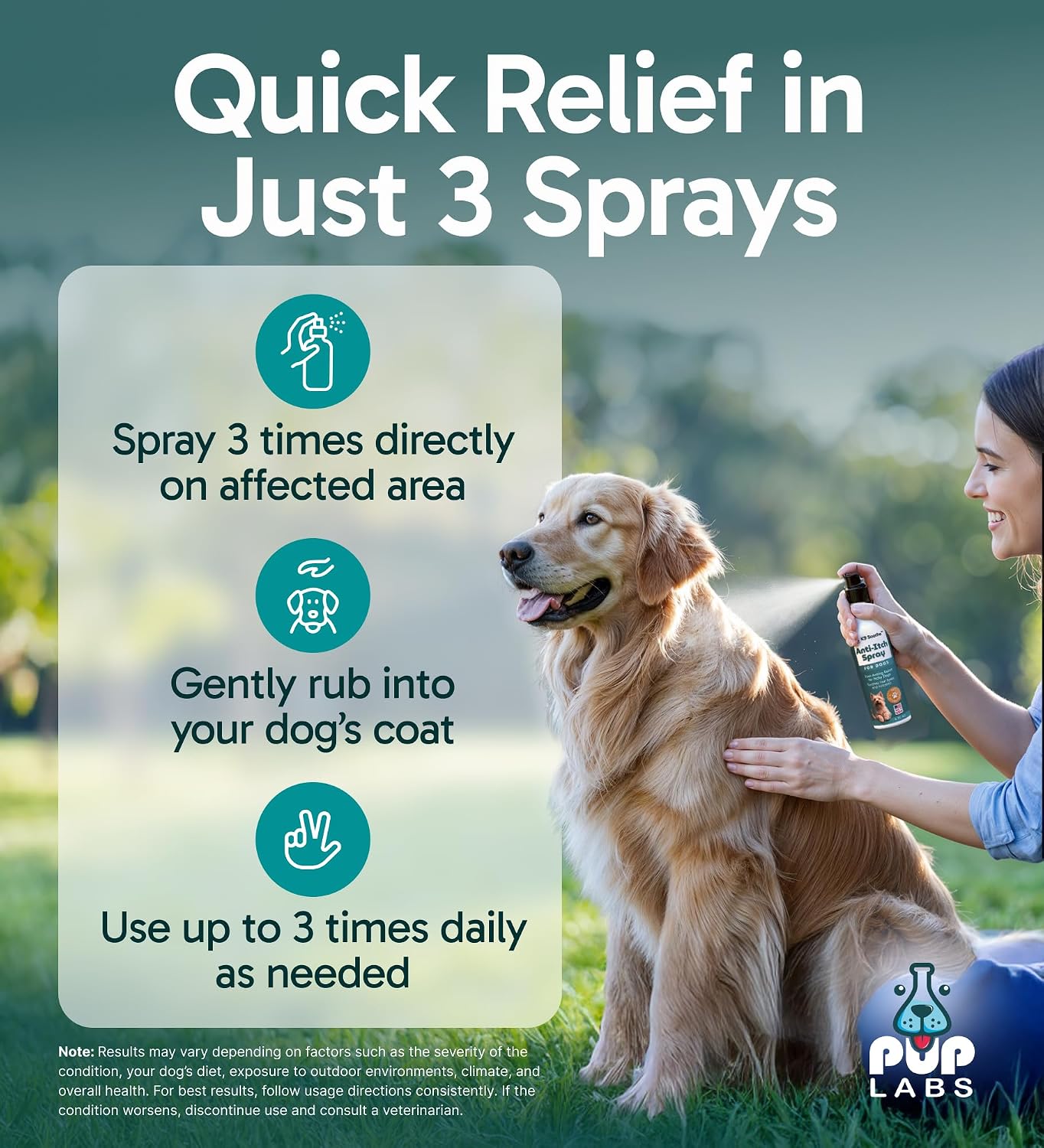 Pup Labs canine soothing spray bottle highlighting aloe rose and coconut formula