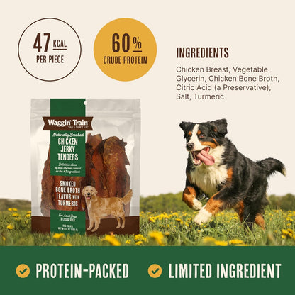 Back of Waggin' Train chicken jerky bag showing ingredients