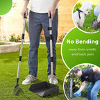 Adjustable length handle pooper scooper standing upright next to trash can