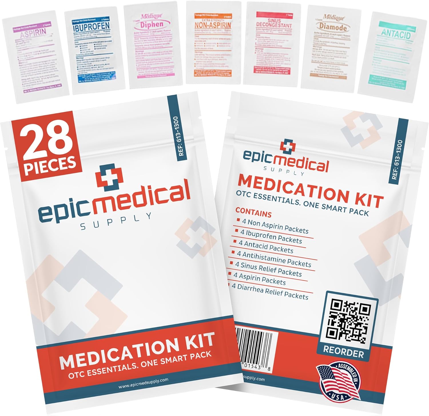Epic Medical Supply First Aid Kit Medication Refill front view of 28 unit dose packets.