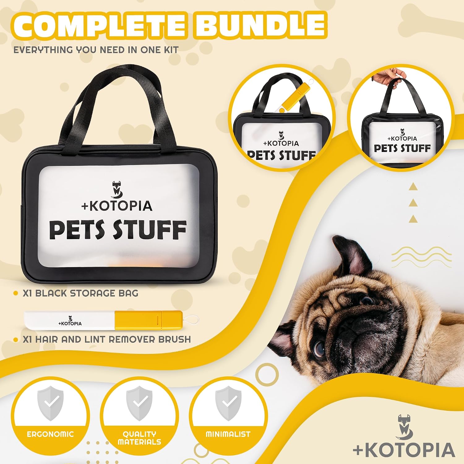 Pet hair remover brush included with Kotopia grooming organizer