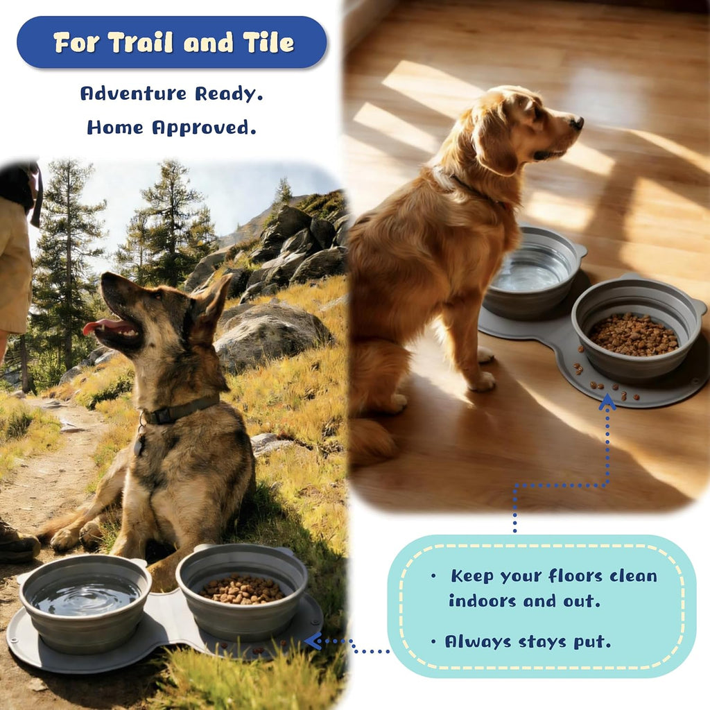 Grey silicone collapsible dog bowl showing built in no spill mat and carabiner