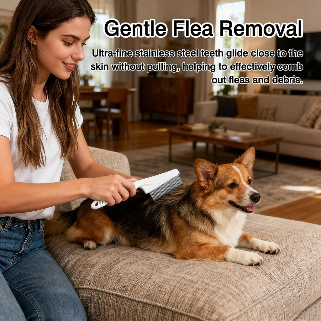 55 TRENDS flea and tick remover comb set showing durable rust-resistant metal teeth.