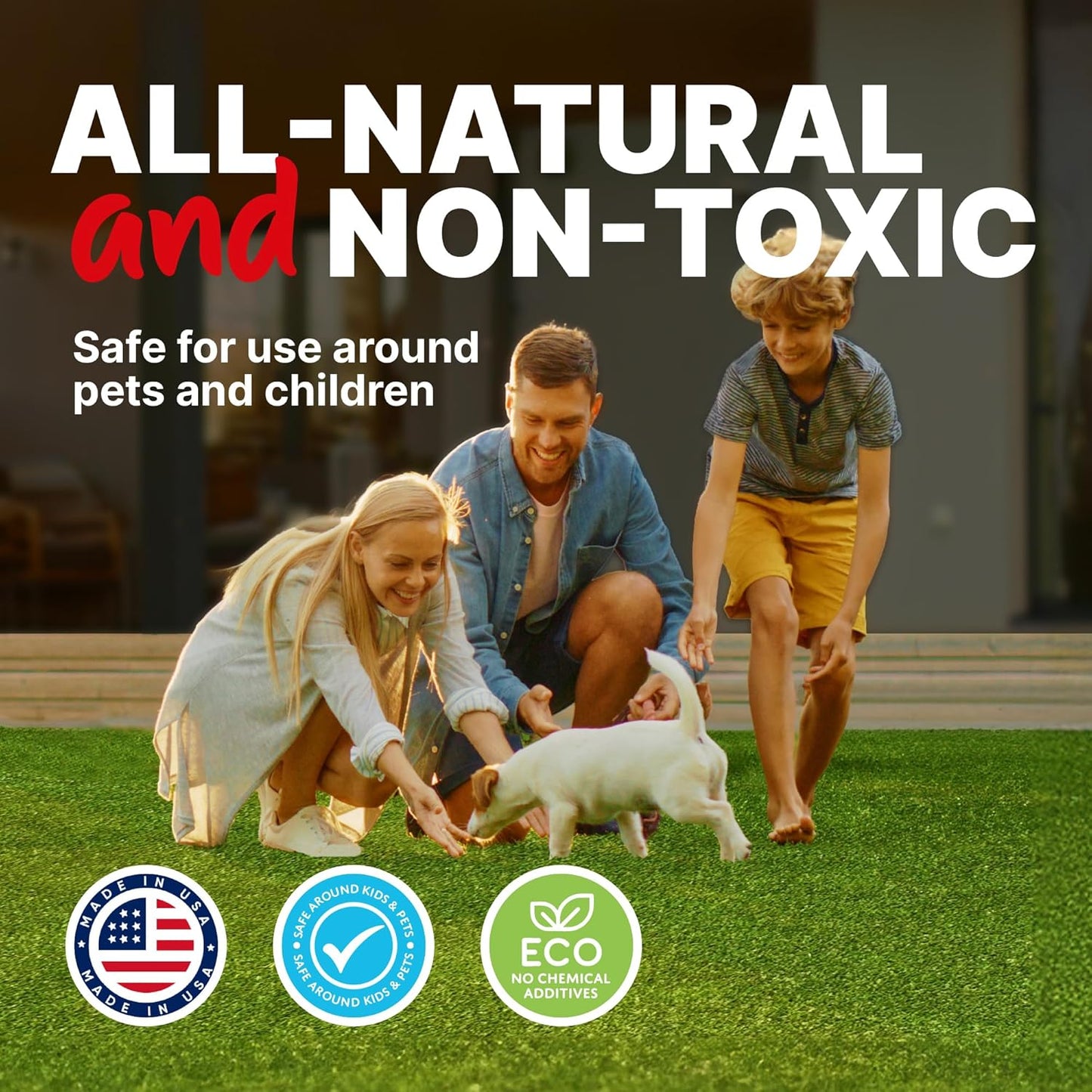 Before and after application demonstration of turf odor remover on backyard grass