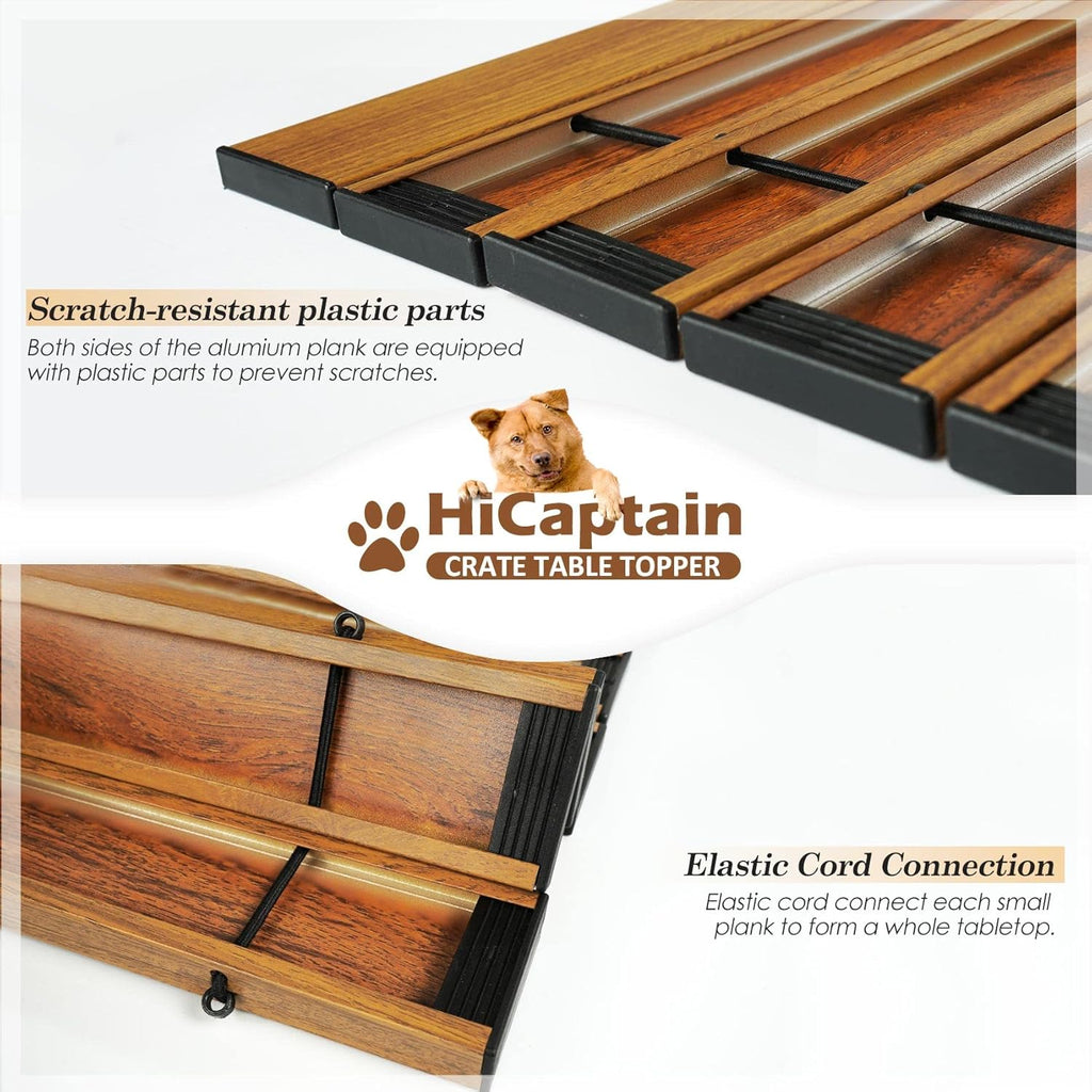 HiCaptain foldable dog cage wooden top plate close up showing vintage brown finish
