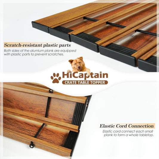 HiCaptain foldable dog cage wooden top plate close up showing vintage brown finish