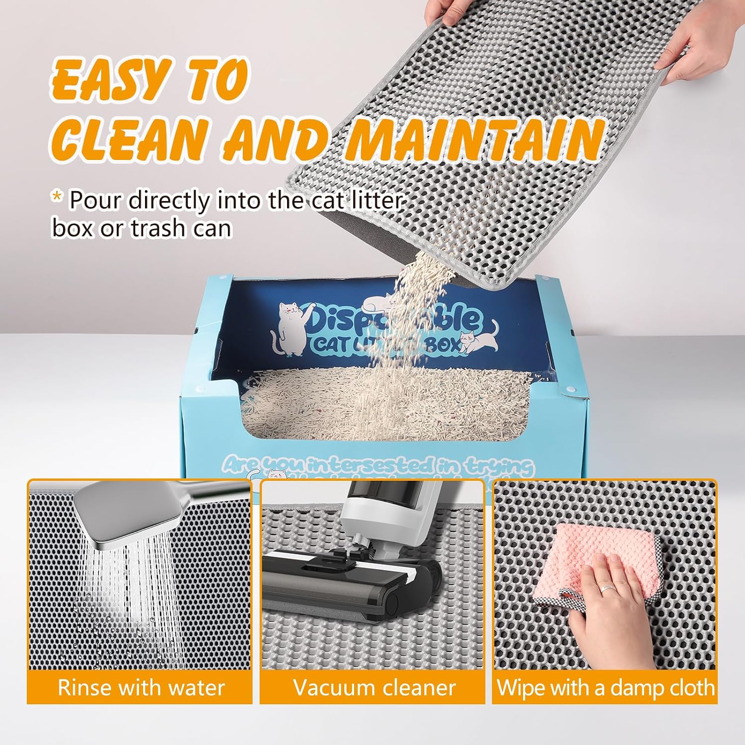 Ondware premium EVA foam kitty litter mat showing flexible open edge cleaning