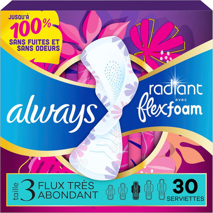 Always Radiant Feminine Pads 30 count front view of USA imported box