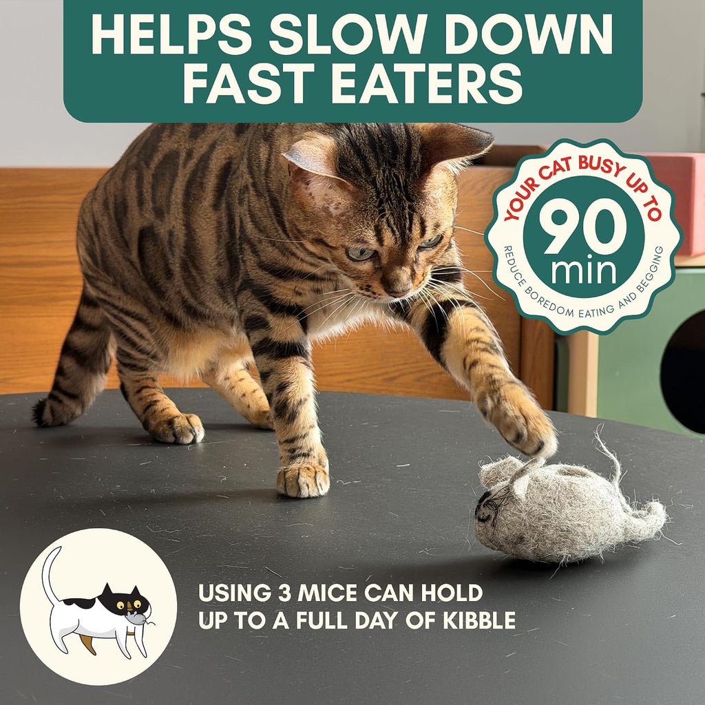 Interactive cat slow feeder puzzle with three handcrafted wool mice for indoor enrichment.