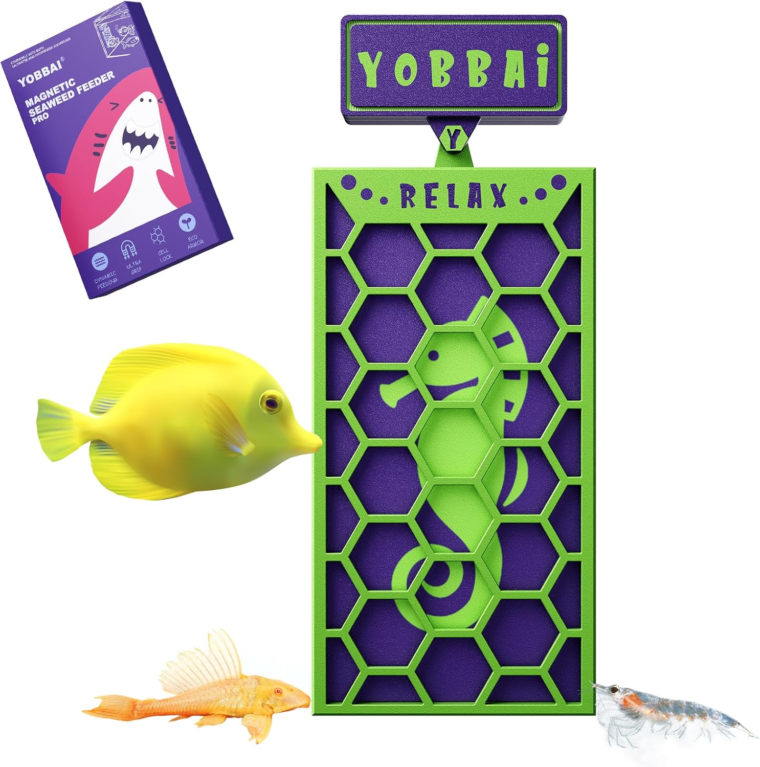 YOBBAI Magnetic Seaweed Feeder front view green and purple nori clip