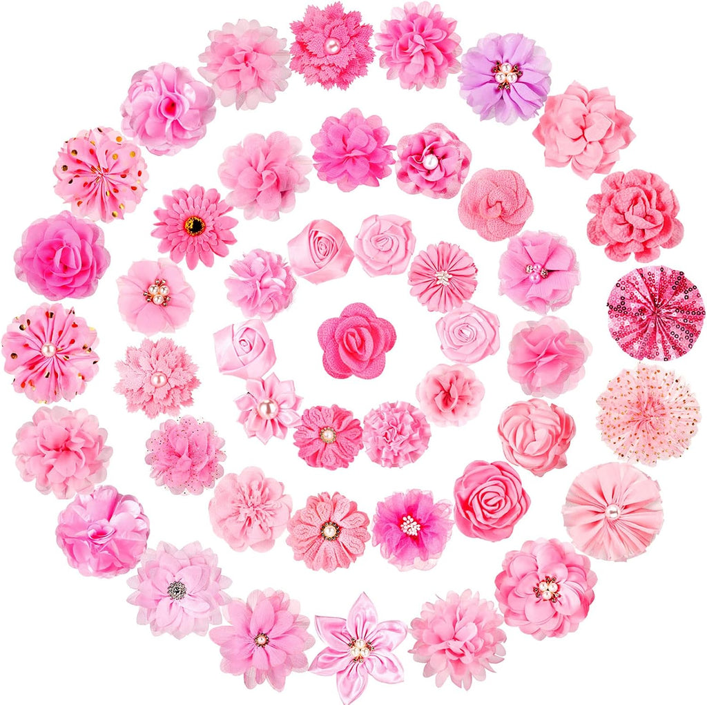 Hoteam 50 piece dog flower collar bows set front view showing assorted pink designs