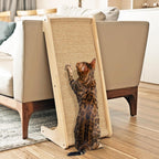PETKARAY L shape cat scratcher ramp front view on home floor with natural sisal mat.
