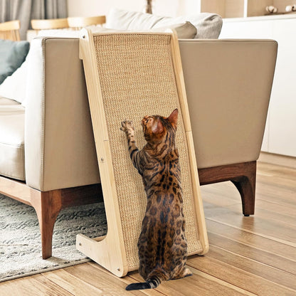PETKARAY L shape cat scratcher ramp front view on home floor with natural sisal mat.