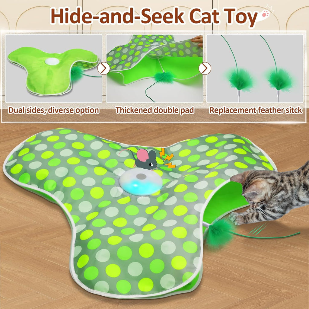 Sofolor automatic hide and seek cat toy showing the motion activated feather wand mechanism.