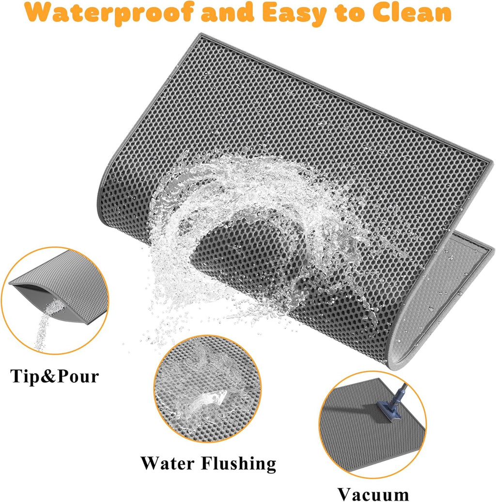 Water being sprayed onto the washable Pieviev double layer mat to illustrate easy cleanup.