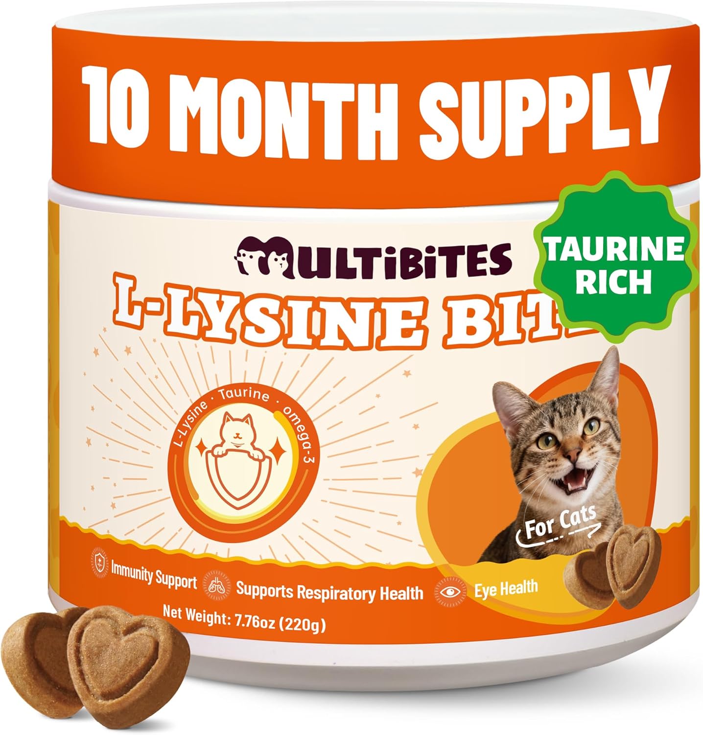 Multibites L-Lysine for Cat Chews front view packaging of chicken flavored immune treats.
