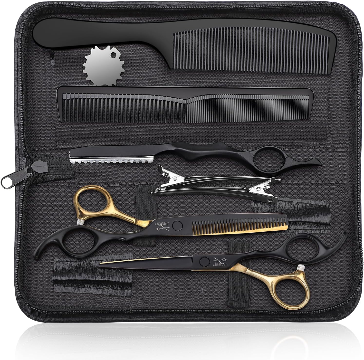 JASON Professional Haircut Scissors Set front view showing black and gold shears in case