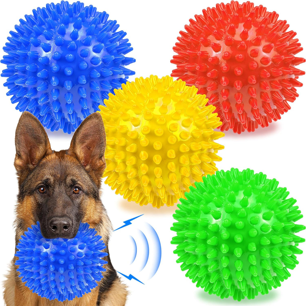 Ousiya spikey squeaky dog balls 4 pack front view