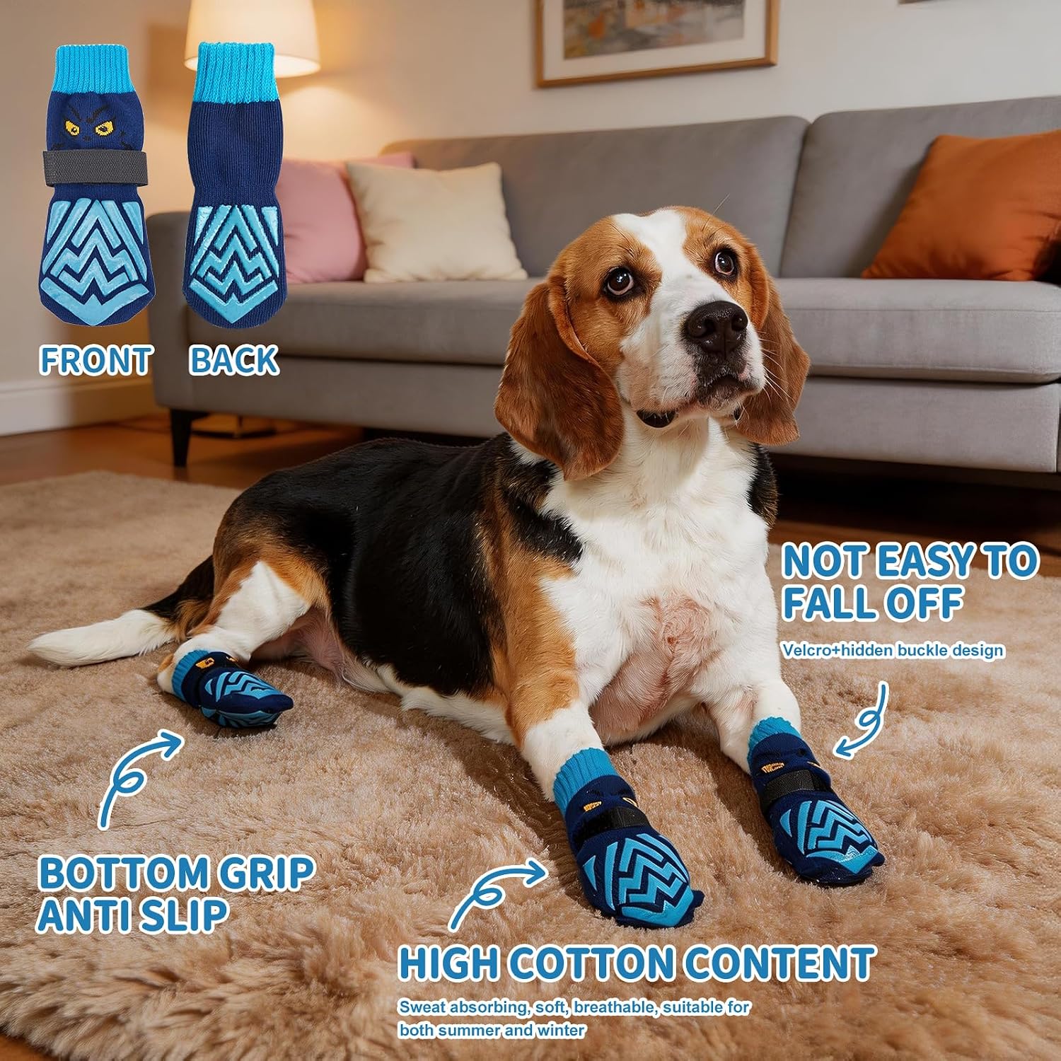 Dog wearing blue extra large Coohams anti-slip socks
