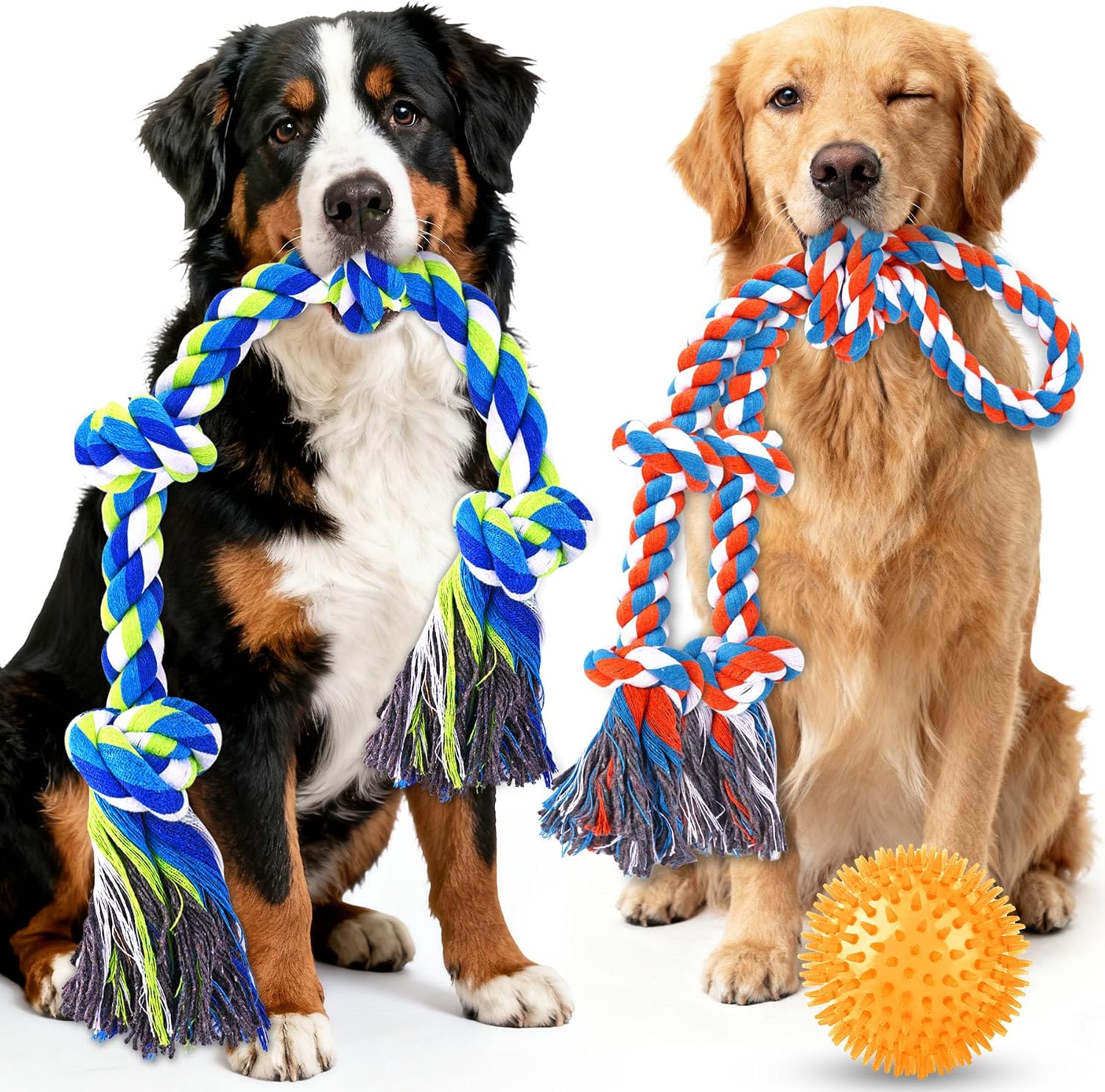 PatsFran tough dog toys three pack front view showcasing two cotton ropes and one squeaky ball