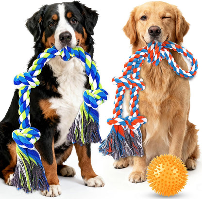 PatsFran tough dog toys three pack front view showcasing two cotton ropes and one squeaky ball