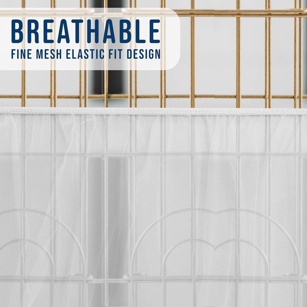 White stretchy nylon mesh bird cage seed guard wrapped around cage