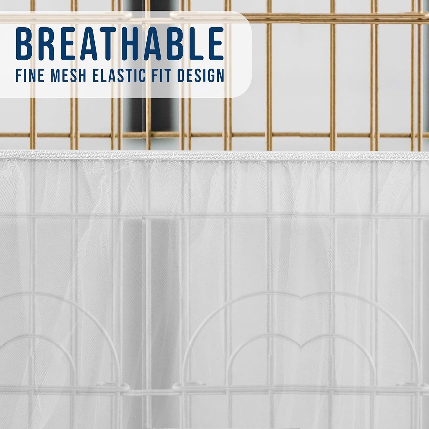 Stretchy nylon pet cage guard showing elastic expansion for universal fitment