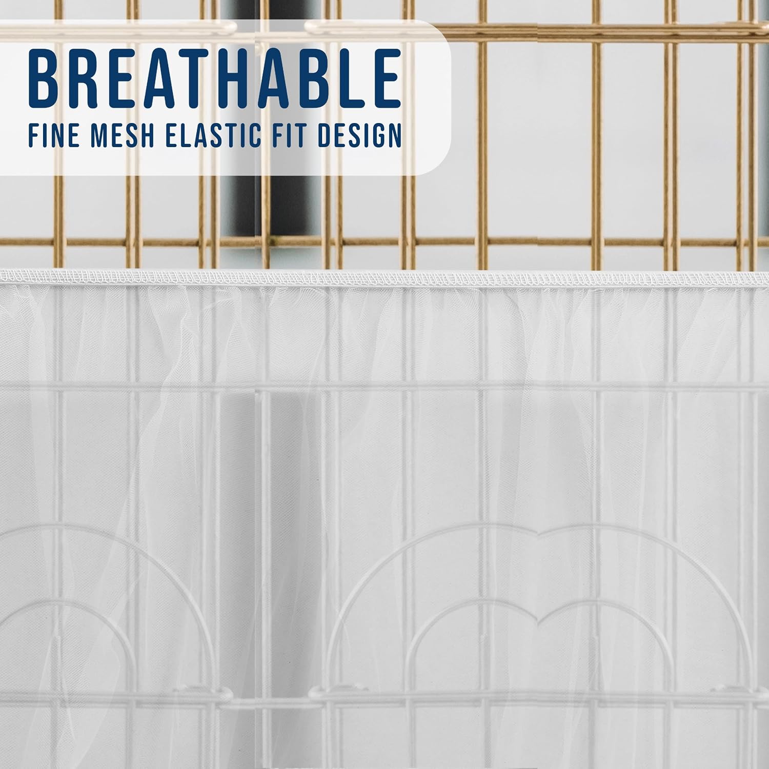 Stretchy nylon pet cage guard showing elastic expansion for universal fitment