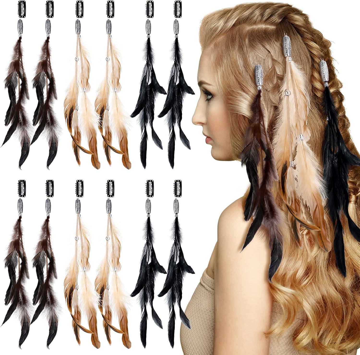 Geyoga 12 piece boho feather hair extensions front view