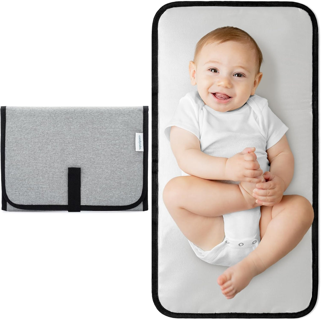 Comfy Cubs compact baby changing pad in solid grey front view