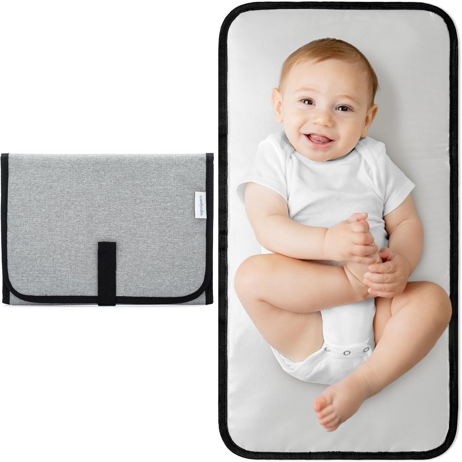 Comfy Cubs compact baby changing pad in solid grey front view