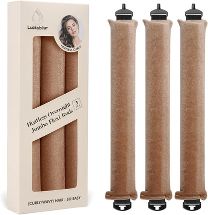 Luckybear overnight heatless hair curler jumbo rods front view showing three khaki satin rollers