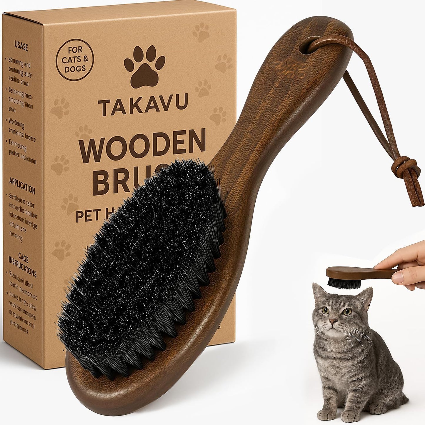 Takavu white boar bristle cat brush side profile emphasizing the comfortable handle grip design