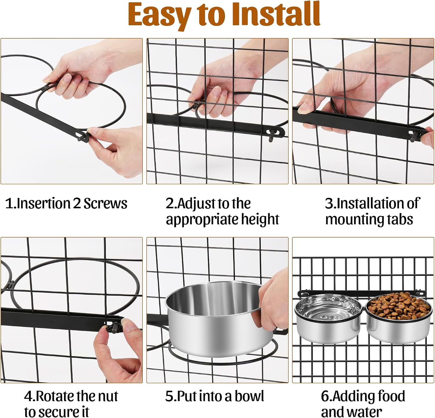 Close up of rust resistant stainless steel pet bowl set filled with water and kibble inside a dog cage.