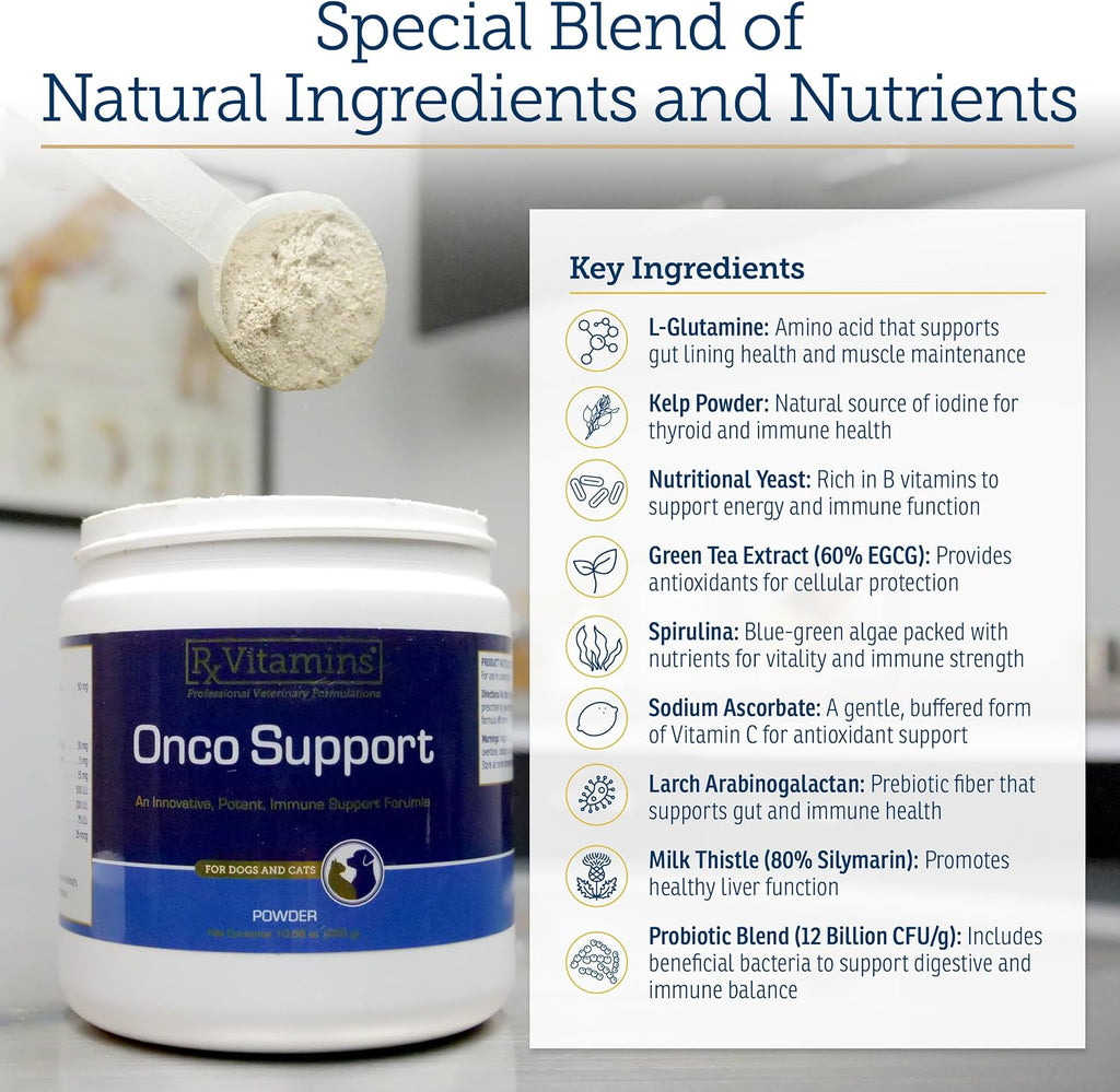 Rx Vitamins Onco Support dog and cat immune booster supplement packaging.