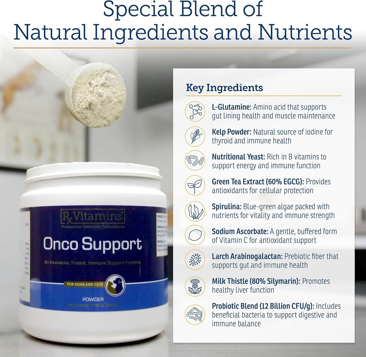 Rx Vitamins Onco Support dog and cat immune booster supplement packaging.
